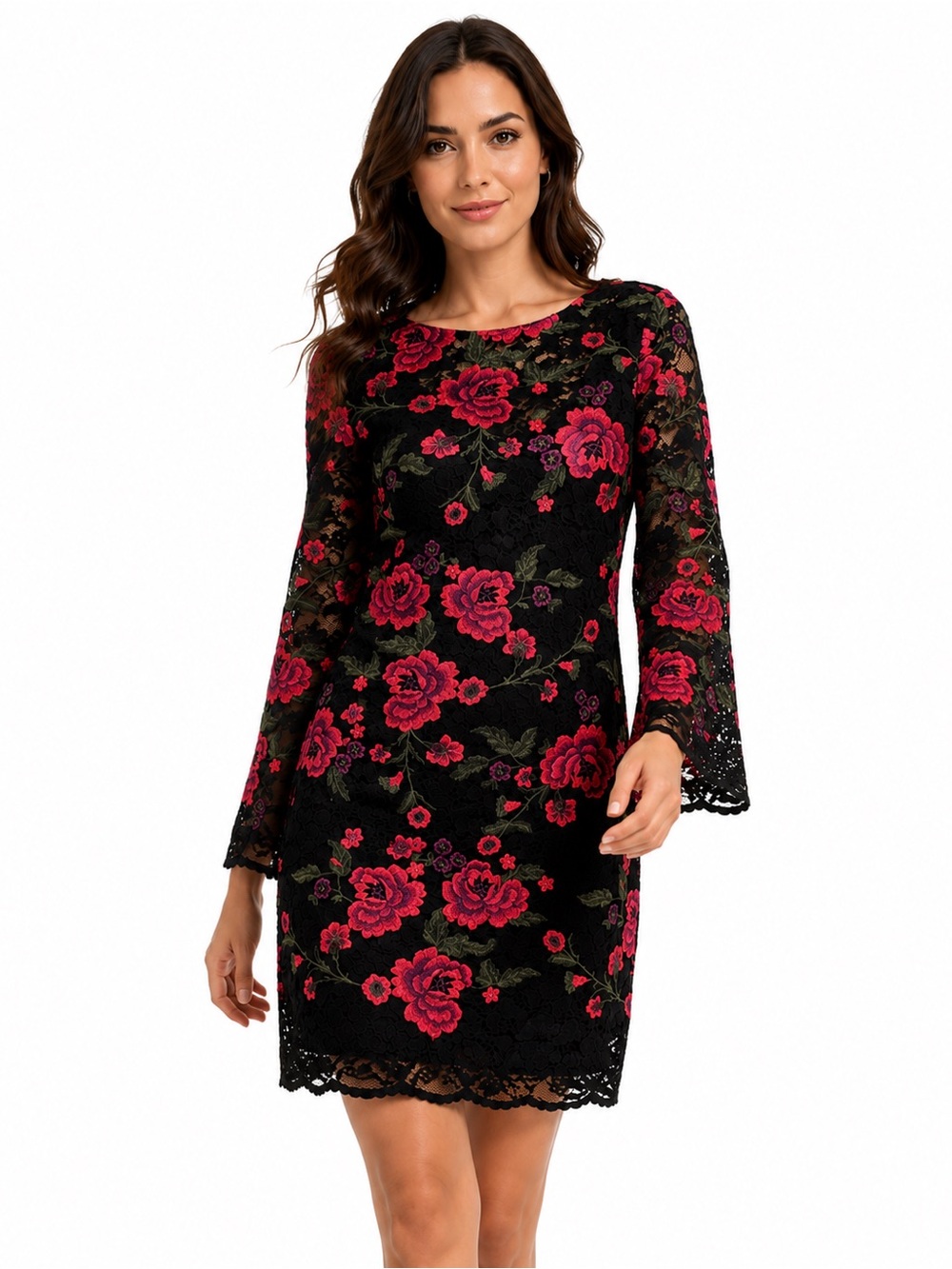 Trina Turk NWT Black Pink Floral Lace Bell Sleeve Dress Size 4